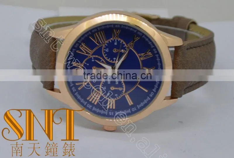2016 Vogue Navy Sunray Dial With 3 Chrono Eyes Watch, Brown Strap Quartz Watch