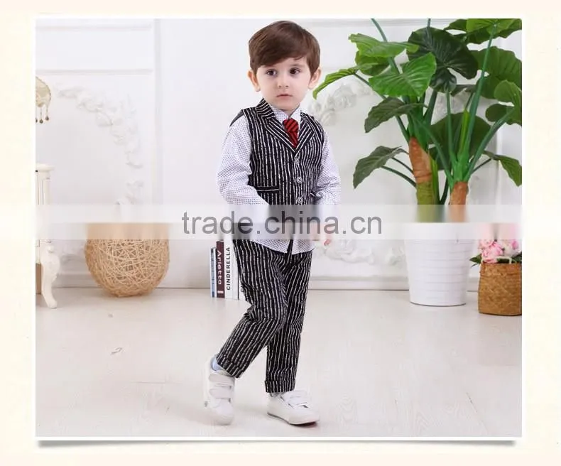 2016 Wholesale New arrival British Striped vest three-piece baby boy set plaid shirt with tie baby boy clothes suit