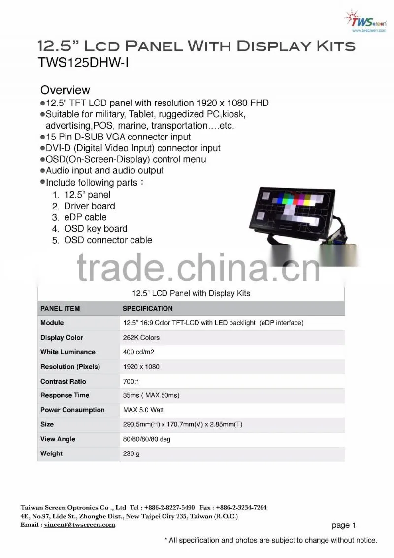 12.5" Tft Lcd Display 1920 x 1080 with Controller Board Kits