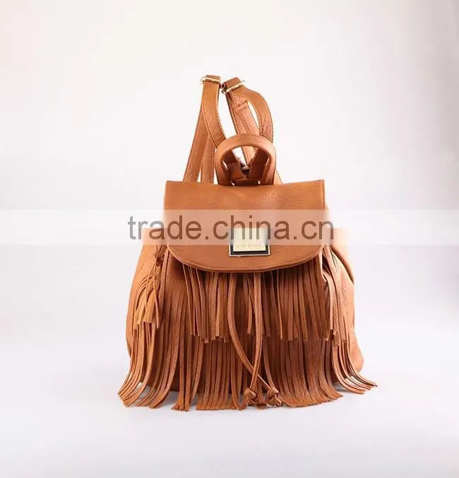 4762 Bohemia Style Tassels Featured Brown PU Material High Quality Women Backpack