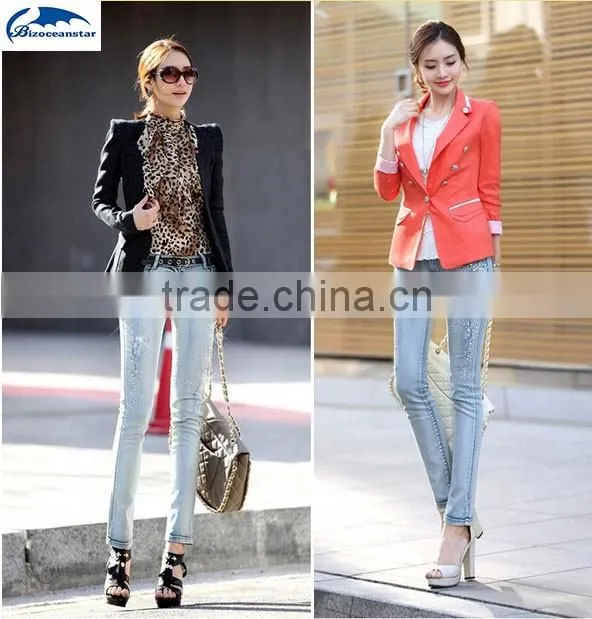 jeans femme 2016 Autumn fashion women jeans Rhinestone Slim Ripped Feet pencil skinny jeans women trousers