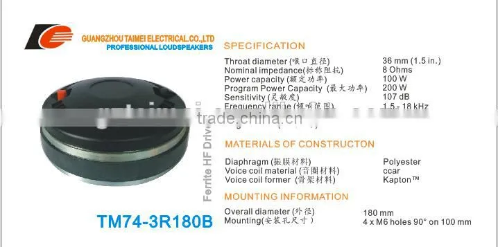 75mm polyester daiphragm compression speaker driver unit