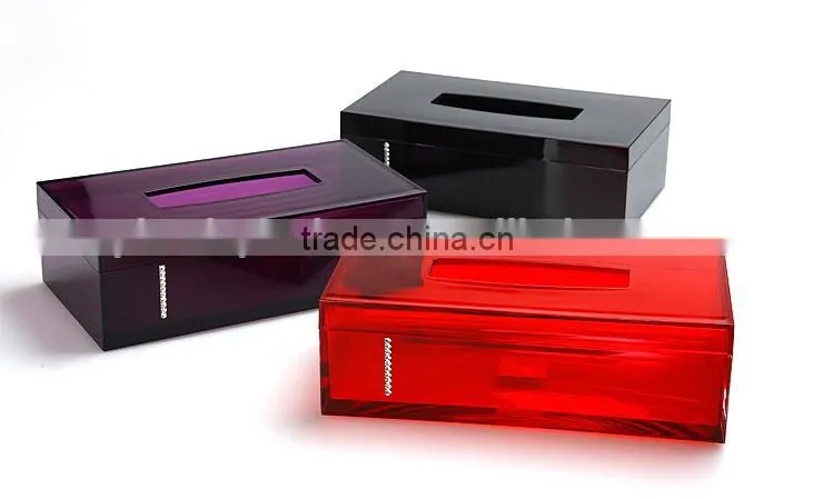 Rectangle colored plastic translucent tissue box cover with diamond inlaid