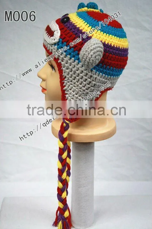 Hot sale !Free shipping 100% cotton crochet multicolor soft monkey hat / crochet beanie caps/ ny fashion hat/ winter hat