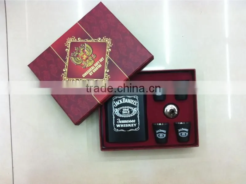 hip flask and cup and funnel with color printed logo and coating in gift paper box