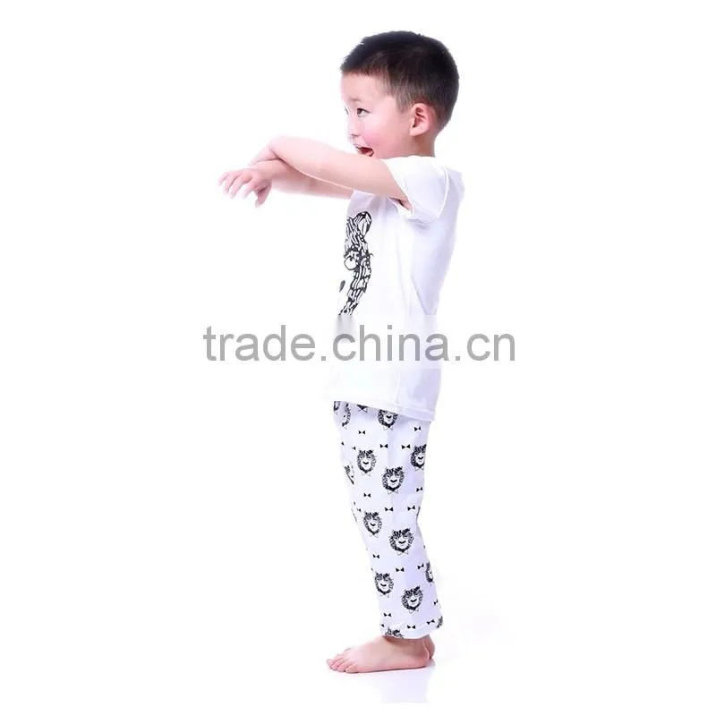 2016 boutique oem animal design white plain tee shirt pant together fancy kids clothing outfits boy
