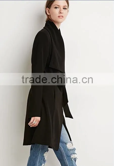 2015 New apparel fashion designs belted shawl collar coats for woman