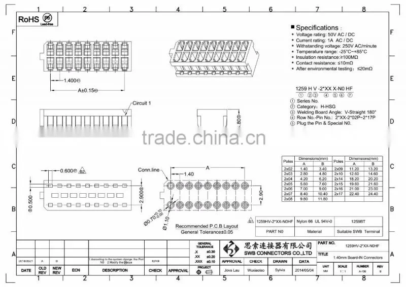 1.25MM Pitch Board-IN Connectors UL approved housing and terminal