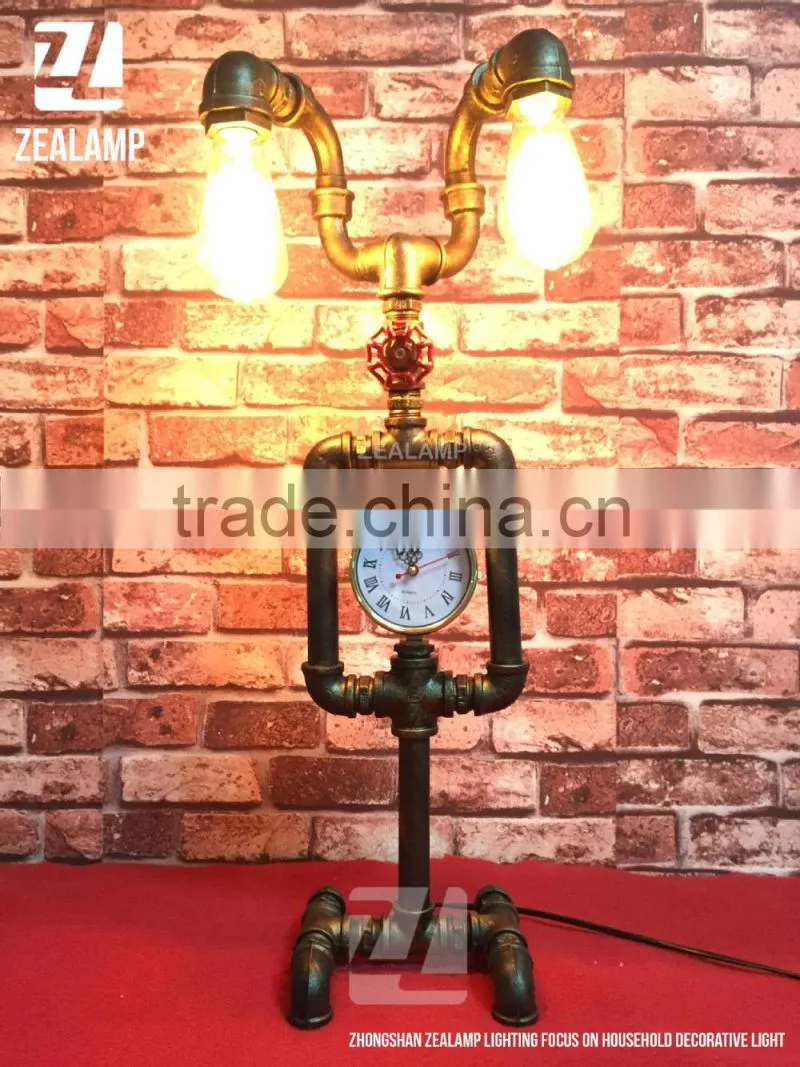 Industrial Style Pipe Lights Steampunk Pipe Table Lamp Edison Lamp Double Head With Clock