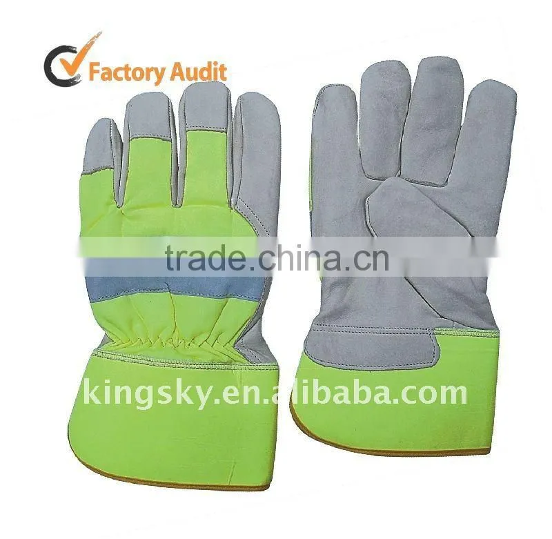 Hi Viz Fully lined cow hide winter leather glove with reflective strap back