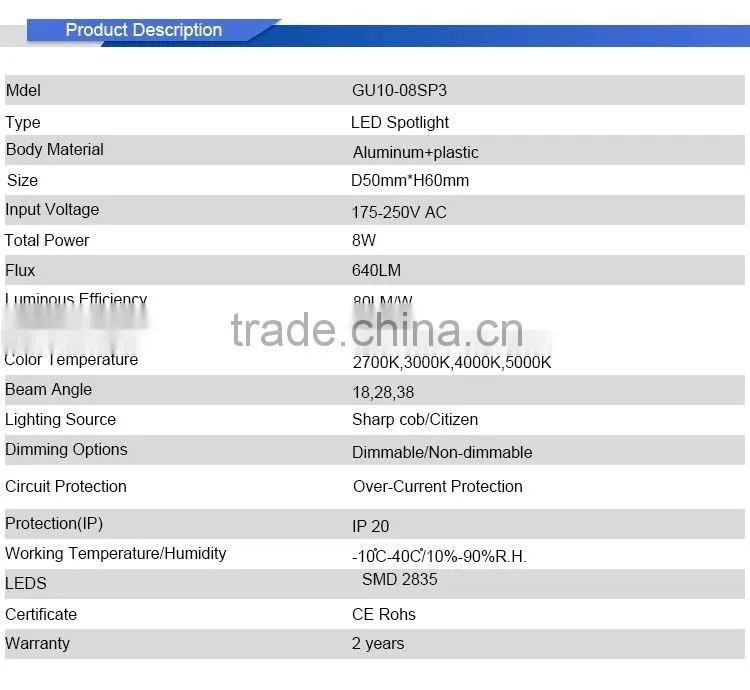 2016 Ningbo High brightness home led light SMD2835 220V CE Rohs 8W dimmable gu10 spotlight led