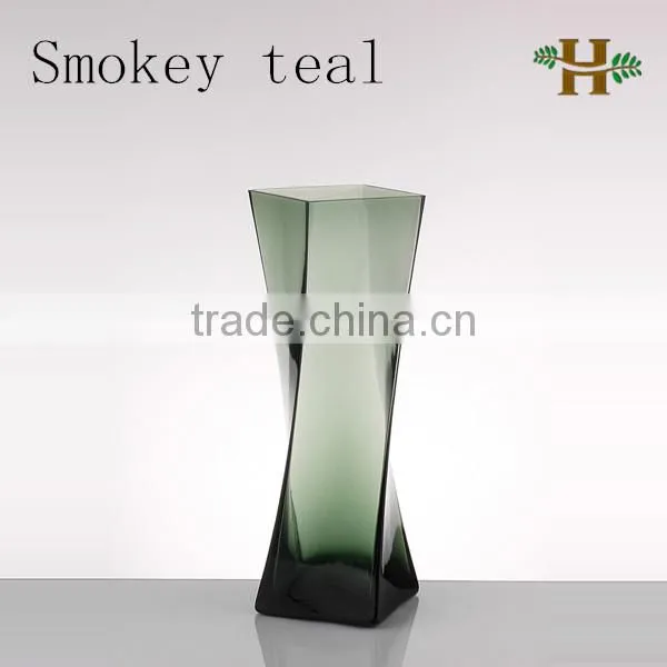Handmade square spiral shaped glass vase, wholesale colored unique design glassware