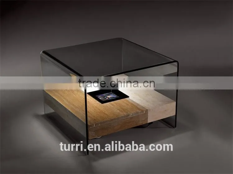 Antique Square Travertine Top End Table With Glass Top