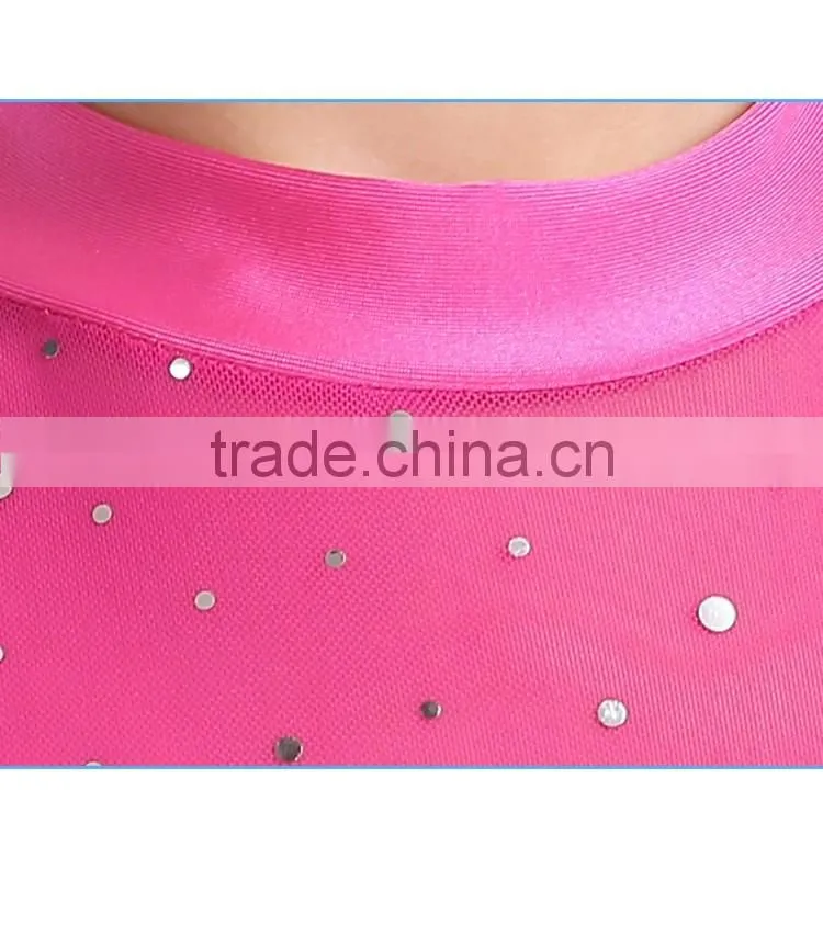 2016 New Fashion Girls High Neck Long Sleeve Performance Dress Child Kids Rhinstone Sequin Mesh Sexy Latin Dance Dress