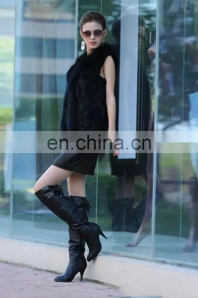 European style knitted rabbit fur vest with raccoon fur trimming for women