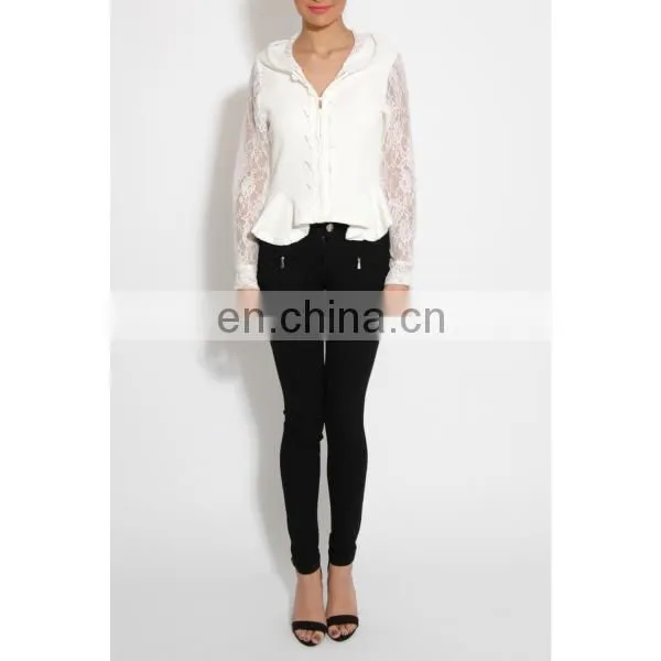 White Hooded Peplum Jacket/womens lapel jacket/clothing supplier china/wholesale lastest apparel model-cp355