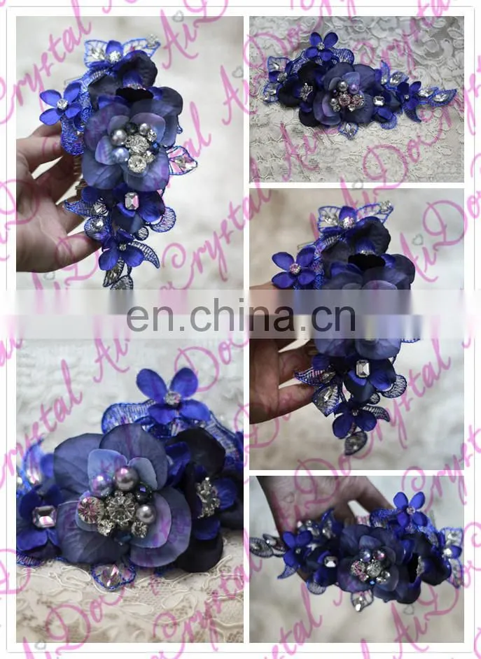 Aidocrystal deep blue luxury lucency lace hair trim piece rhinestone hair clip bridal fascinators