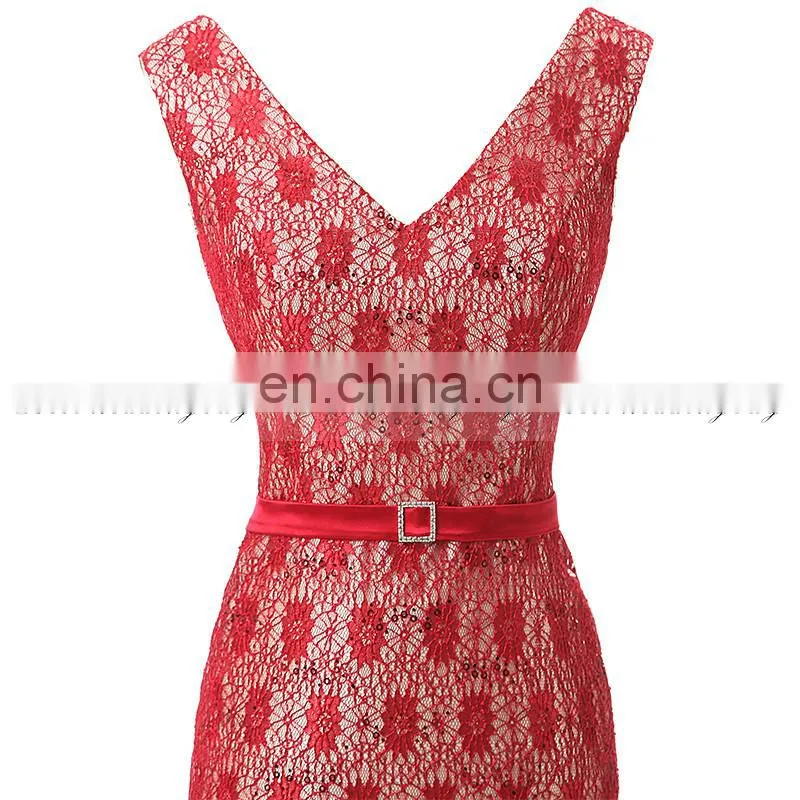 Real Pictures V Neck Lace-Up Sleeveless Mermaid Lace Evening Dresses SD344
