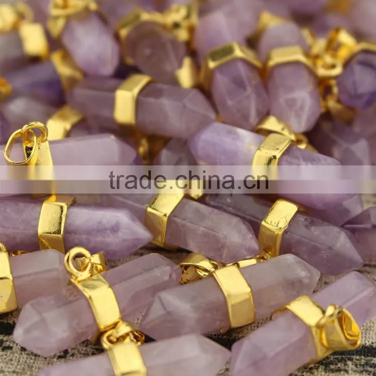 JF6779ga natural amethyst double terminated horizontal point pendants with gold bail clasp