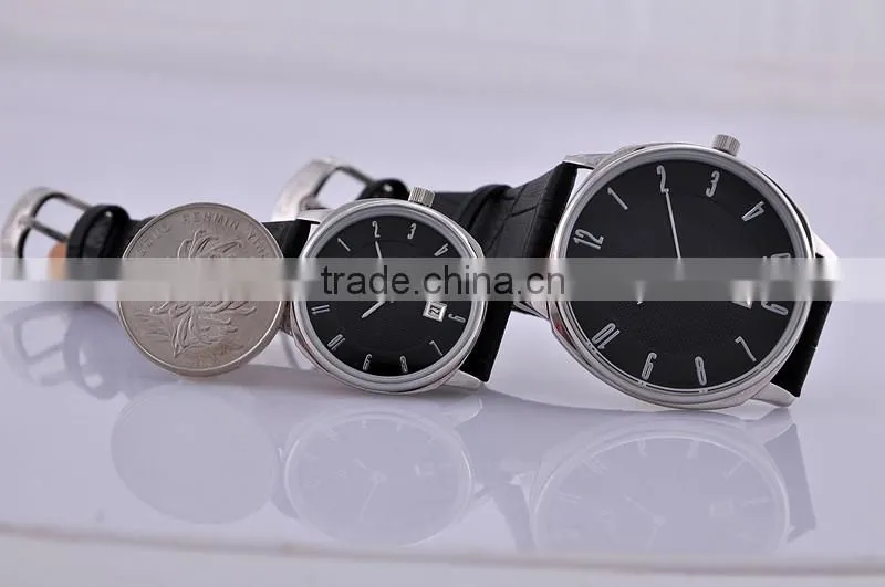 Mans business watch stainless steel case black genuine leather strap watch