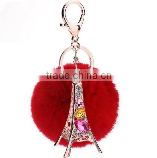 Factory customized pink rabbit fur ball rhinestone Eiffel Tower keychain