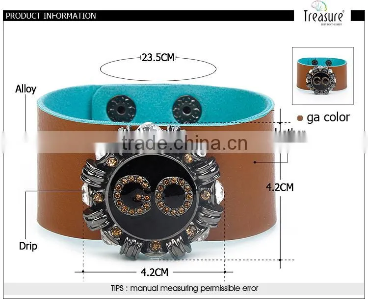 Wide leather bangle with delicate rhinestone watch shape charm bangle jewelry for unisex new design in 2016