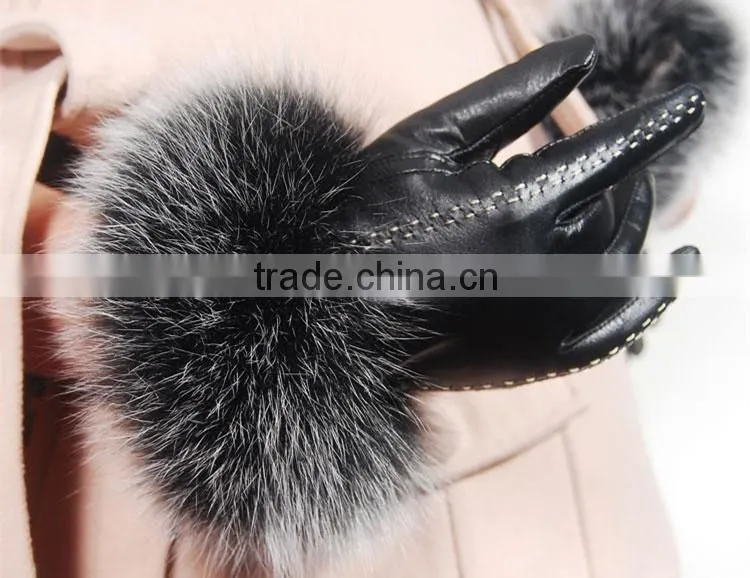 UK Style Women classic elegant raccoon fur cuff sheep leather gloves
