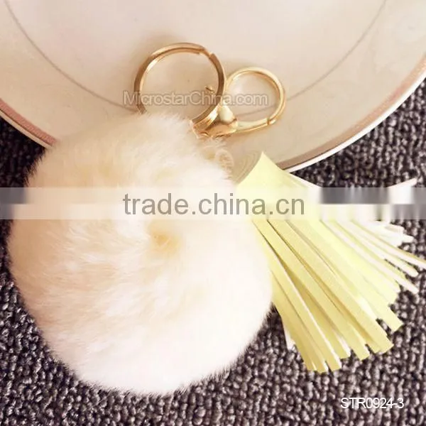 Promotion In Stock Rabbit Fur Ball Leather Tassel Key Chain
