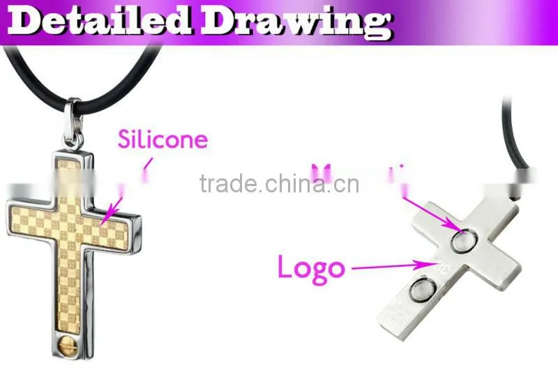 wholesale china 316L steel Gold foil the cross of Jesus Christ magnetic pendant silicone necklace zircon charms pendant