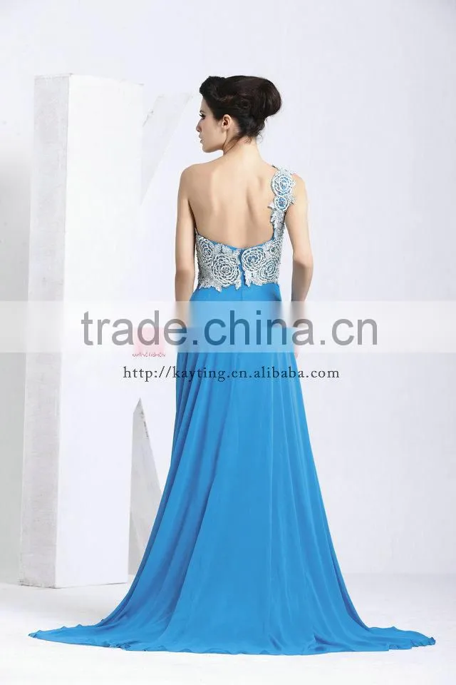 Sexy backless one-shoulder ruffle embroidered blue crystal dress