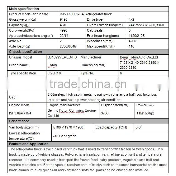 FOTON OLLIN 6 ton refrigerated truck