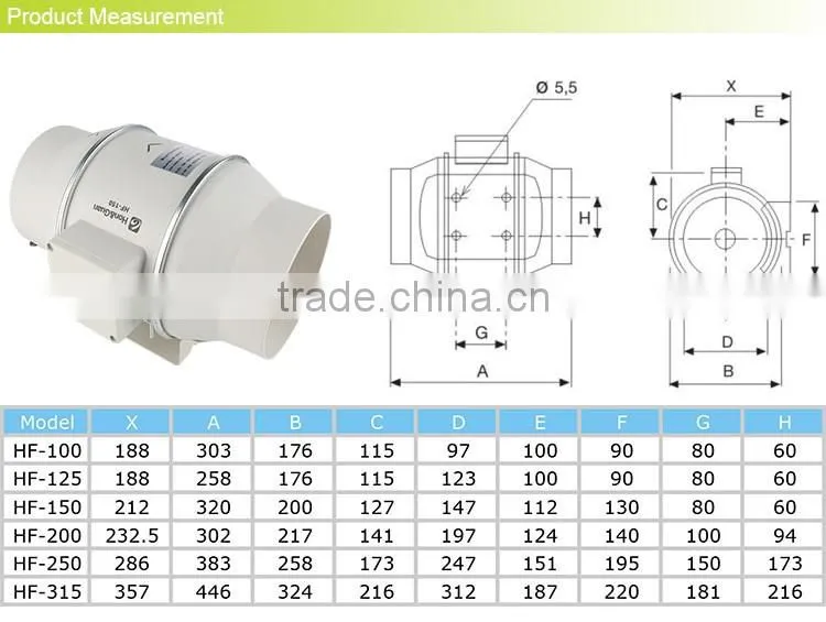 3"/4"/5"/6"/8"/10"/12" Mixed Flow Inline Duct Fan