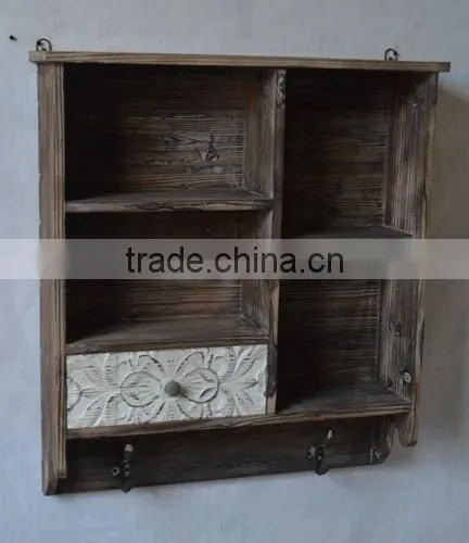 Antique wooden wall shelf storage with hooks in big size