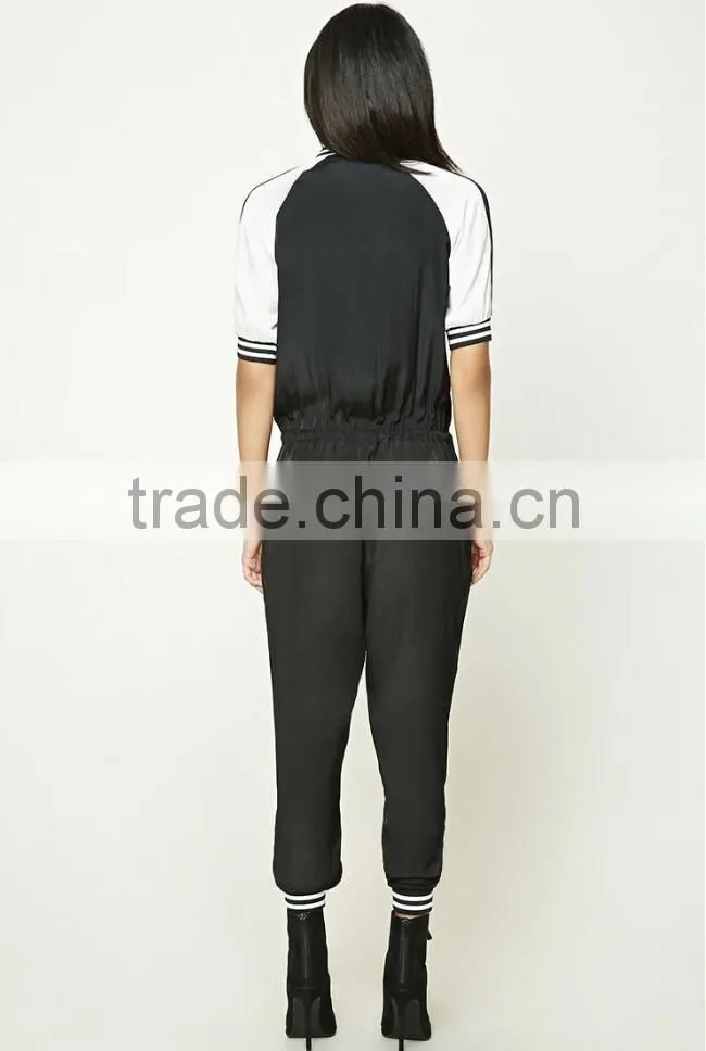 Adult Casual Harem Pants Breathable Half Sleeve Design Drawstring Waist Fashion Contrast Black Sexy Womens Bodycon Jumpsuits