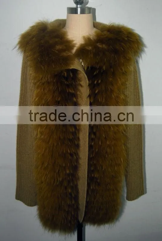 costly pure cashmere cardigan with real blue fox fur collar