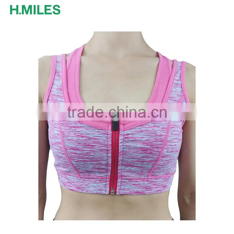 2017 Hot Sale front zip two layers pink fitness top sports bra