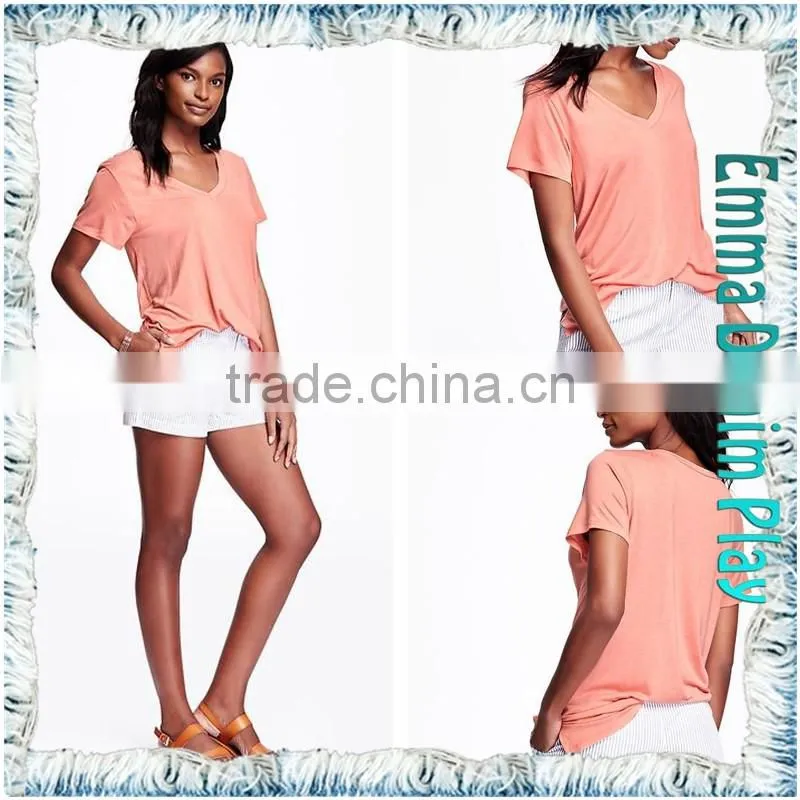 Customized Sketch Girl's Sexy Colorfast Dyeing Slub Knit Cotton Heart Deep V Neck T Shirts