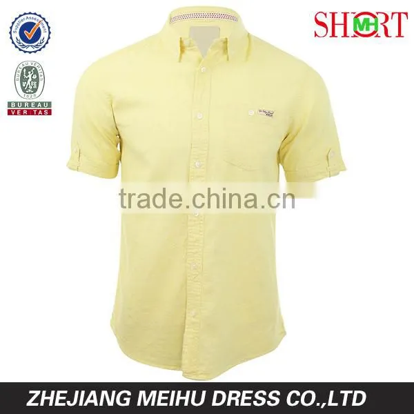 2016 Linen Chambray Mens button down short sleeve casual shirt for summer