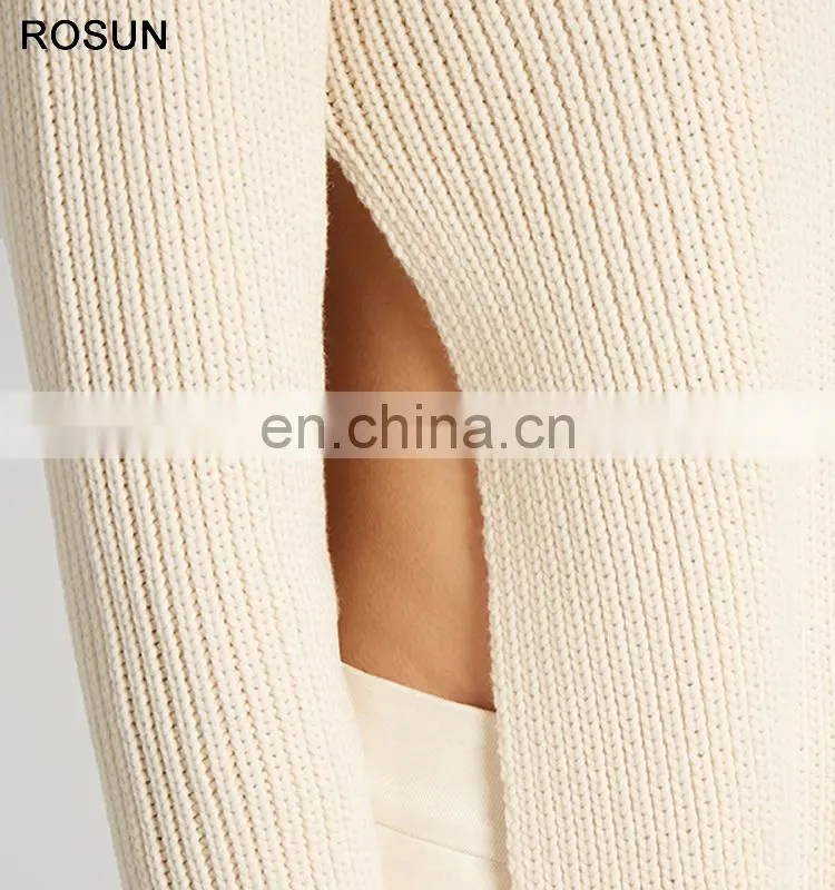 Women Round Neck Ribbed Knit Cotton Blend Sweater