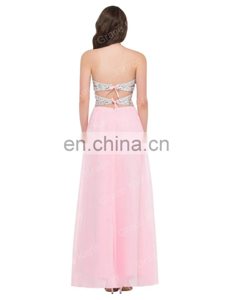 2015 Grace Karin Stocks Sleeveless Beads Sexy Backless Chiffon Prom Dress Pink CL3424-2#