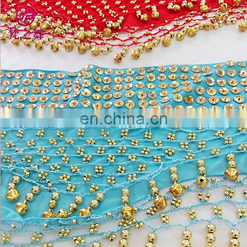 Top level new products wholesale indian chiffon gold sequins belly dance hip scarf with bells Y-2055
