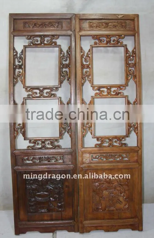 Antique Chinese Head Carved Wood Window Pane Blossom Panel Shutter