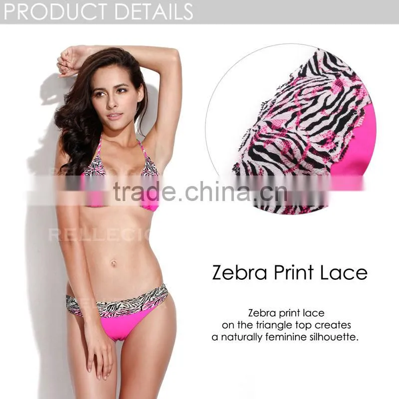 RELLECIGA 2016 Lace Collection - Rose+ Zebra PrintLace Bikini Swimsuit with Triangle Top and Brazilian Cut Scrunch Butt