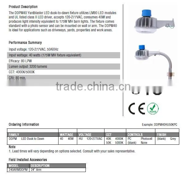 40 Watts ETL DLC Qualified IP65 LED Farm Light with Photocell