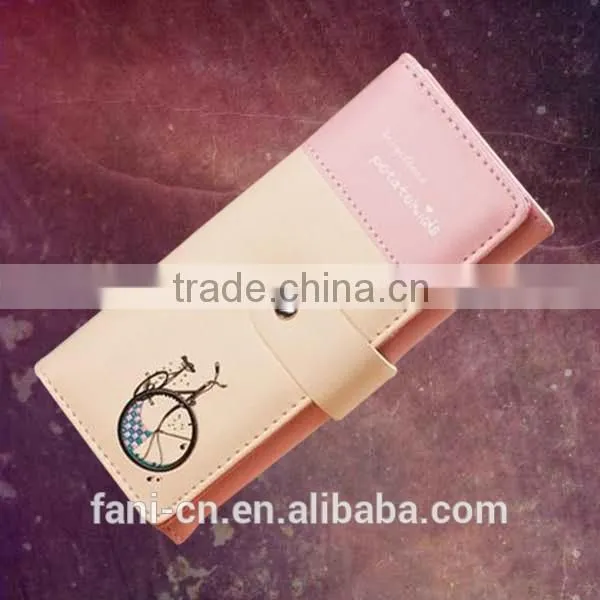 2015 hot selling handmade leather wallets with bicycle printing design for woman