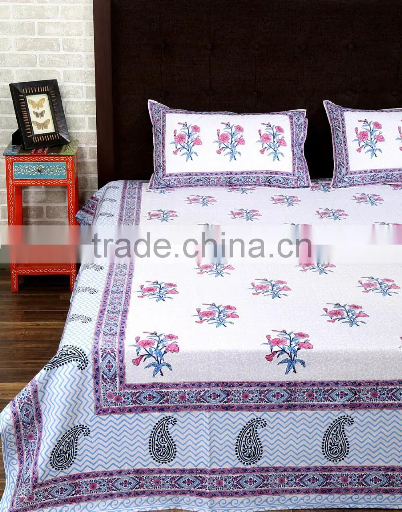 New Pattern Cotton Bed Sheet Flower Printed Hand Block Home Textile 100% Fabric Bed Sheet