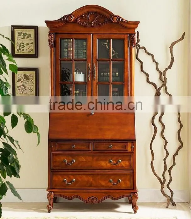 Classic Reproduction Solid Wood Regence Library Bookcase with Writing Table Desk Bureau BF11-05183a