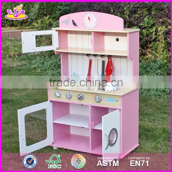 2017 New design kids pretend play pink wooden kitchen toy W10C238