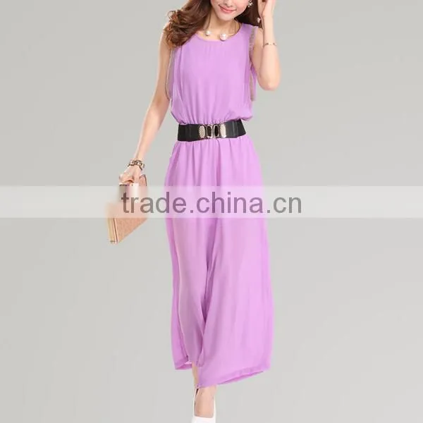 High Quality New Fashion ladies chiffon loose fit sleeveless Capris custom made jumpsuit with leather belt