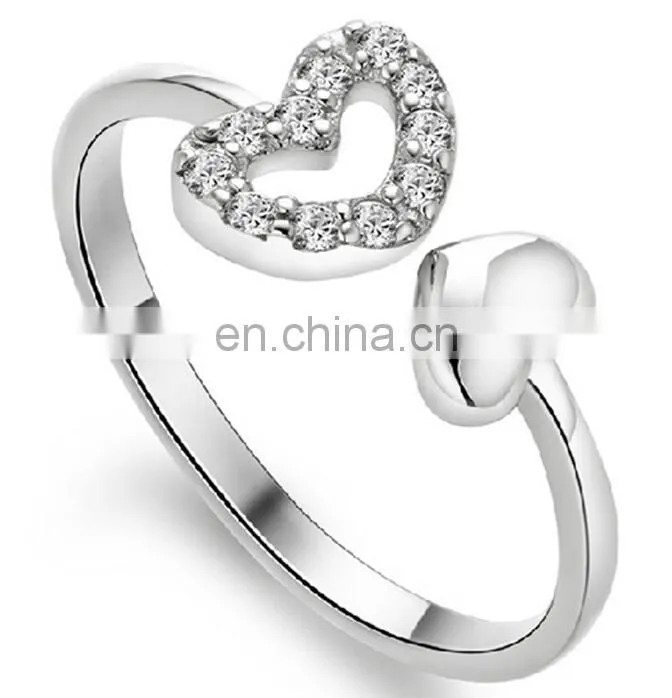 Double heart Real Rhodium plated brass crystal CZ stone ring for Women , Best Wedding gift